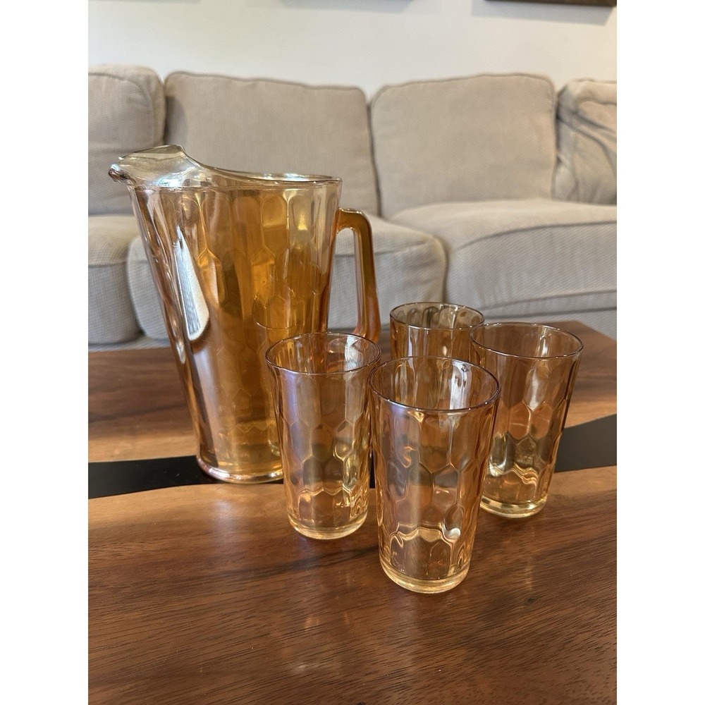 Vintage Jeannette Carnival Glass Pitcher Set | Marigold Honeycomb & 4 Tumblers